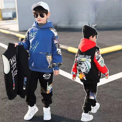 Fleece-Lined Coat Set Hoodies Printed Cartoon Boy Children's Clothing Men's Sets Autumn Winter Clothes Elementary Student Suit