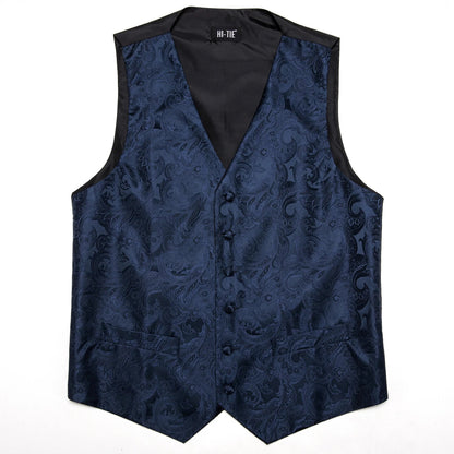 Navy Blue Mens Silk Vests Business Paisley V-Necl Waistcoat Tie Hanky Cufflinks Brooch Set for Men Suit Wedding Formal Hi-Tie