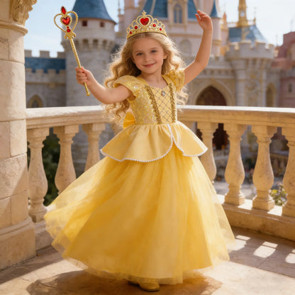 Kids Belle Elegant Costume Girls Halloween Princess Cosplay Party Mesh Dress Children Birthday Clothes Carnival Luxury Ball Gown