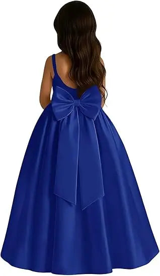 Long Ivory Satin Flower Girl Dresses for Wedding Bow Party Birthday Princess Dress Junior Bridesmaid First Holy Communion Gowns