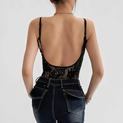 Sexy See Through Lace With Lining Backless Spaghetti Strap Bodysuit Woman Sling Tight Short Jumpsuit Slim Fit Rompers Playsuits