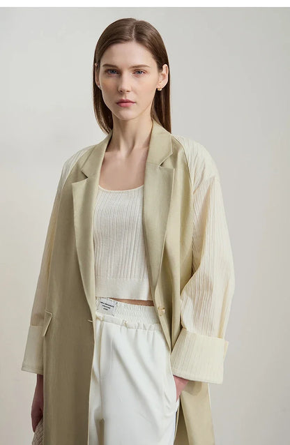 Minimalist Women's Fashion Casual Jacket 2025 Autumn Lyocell Linen Collision Splicing Crumple Texture Loose Blazer 12551008