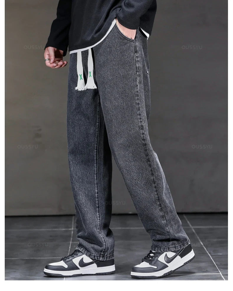 2025 New Autumn Winter Jeans Men Loose Straight Drawstring Elastic Waist Casual Denim Trousers Male Thick Pants Large Size M-5XL