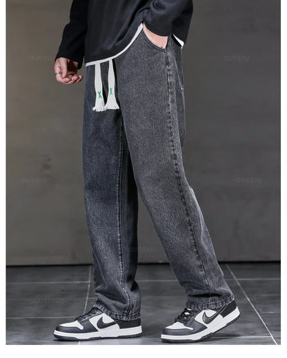 2025 New Autumn Winter Jeans Men Loose Straight Drawstring Elastic Waist Casual Denim Trousers Male Thick Pants Large Size M-5XL