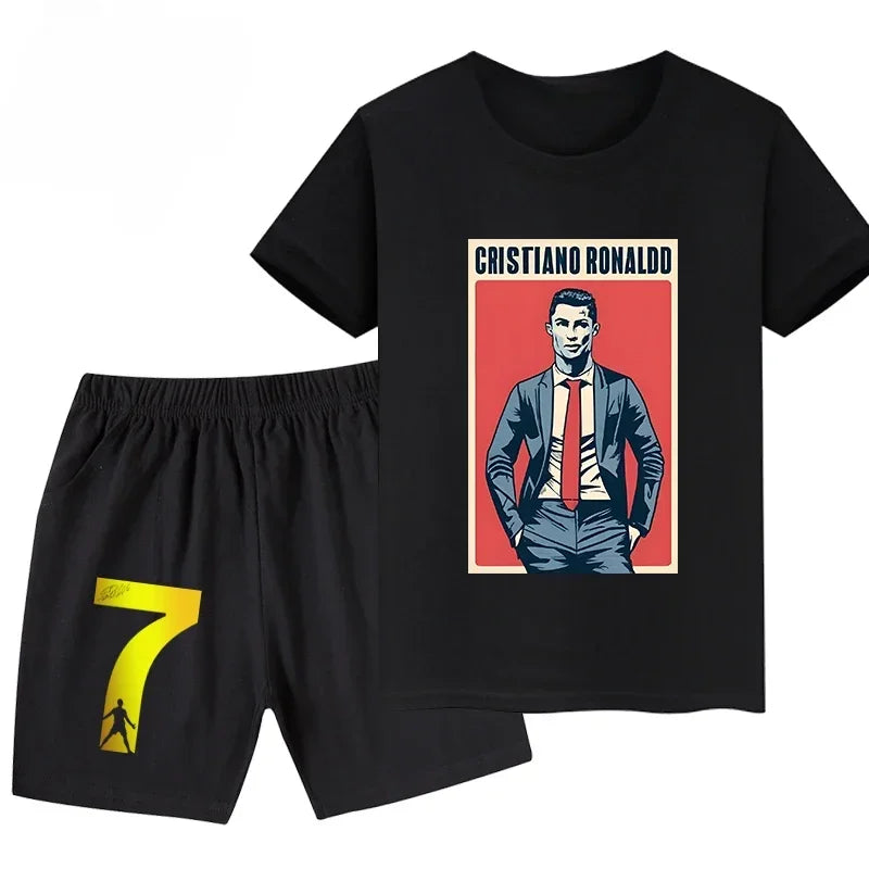 Summer Ronaldo Printed Children's Set Short-sleeved Shorts Suit Sports Kid T-shirt 2-piece Set Street Fashion Boys Baby Clothing