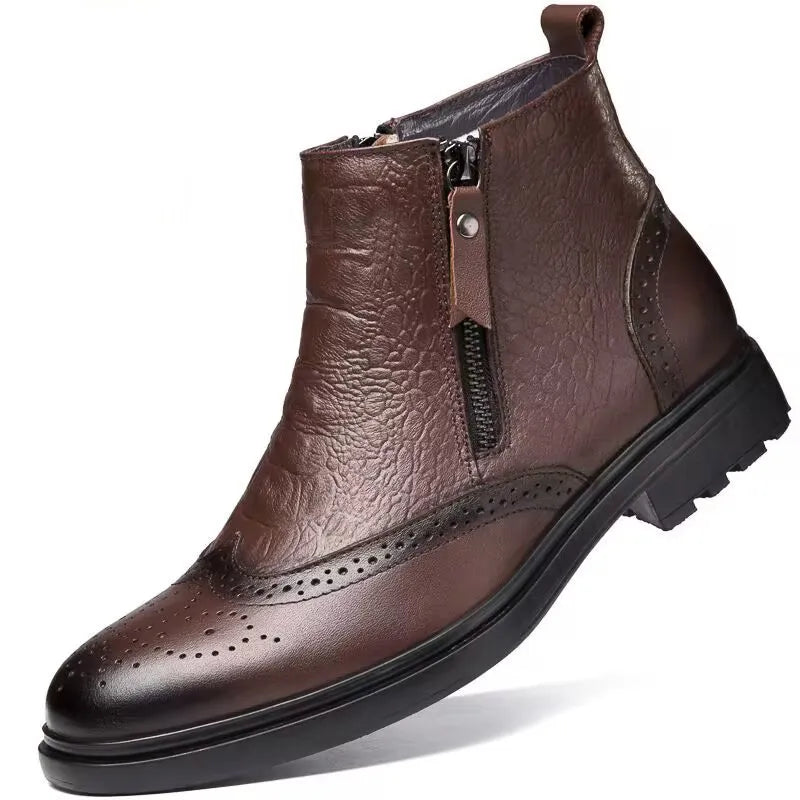 2025 Men Winter Plush Snow Boots Genuine Leather Men Side Zipper Ankle Boots Fashion Men Casual Low Top Shoes All-match Men Shoe