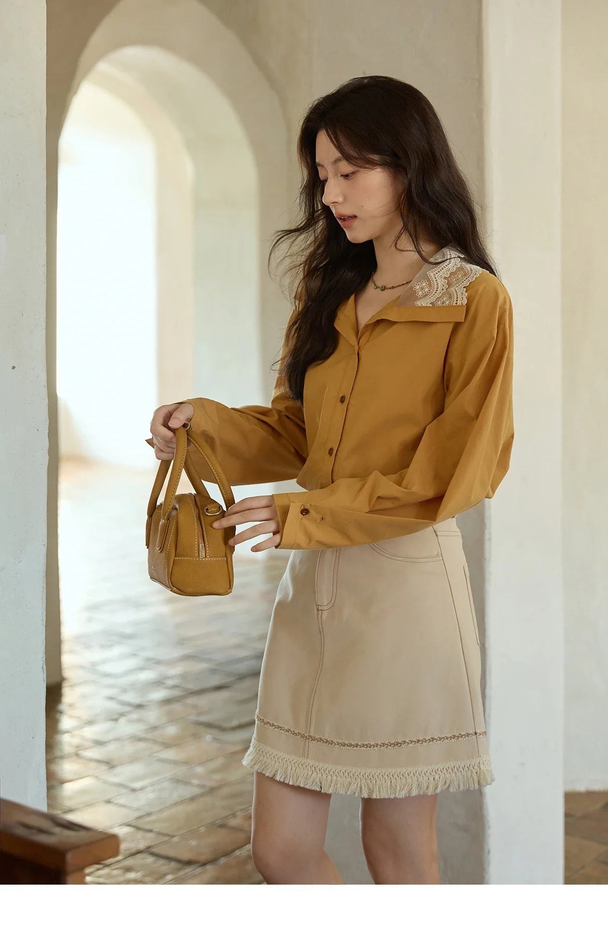 Autumn Solid Cotton Shirt Autumn V-neck Double-layer Lace Retro Design Shirts Single Breasted Tops Office Lady MXE41C2366