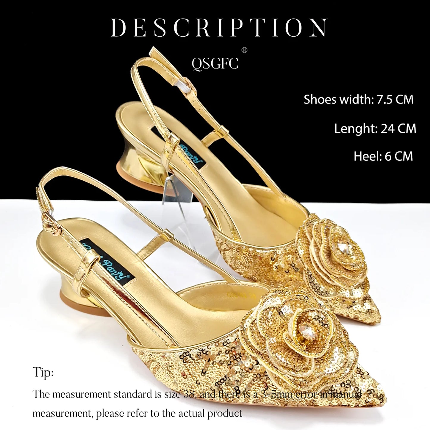 Shiny Gold Color Shoes and Bag Elegant Handbags and Medium Heel Shoes Beautiful Handmade Flowers For Wedding Party