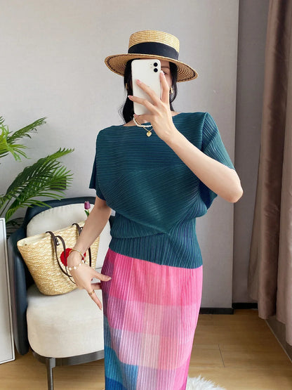 Miyake Pleated Top 2026 New Round Neck Short Sleeve Batwing T-Shirt Women Summer Lightweight Vacation Travel Women's Clothing