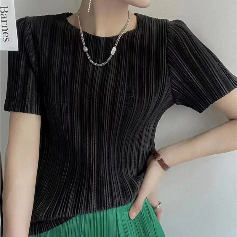 Miyake Pleated Short Sleeve Women's 2023 Summer New Thin Stretch Crew Neck All-Matching Slim Fit Pleated Hollow T-shirt Women