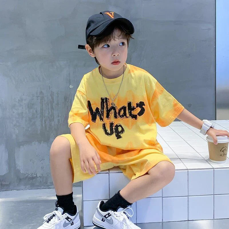 Loose Outfits Children Streetwear what's up 2024 New Boy Summer Quick dry Suit Short Sleeve TShirt + Shorts Two piece Sports Set