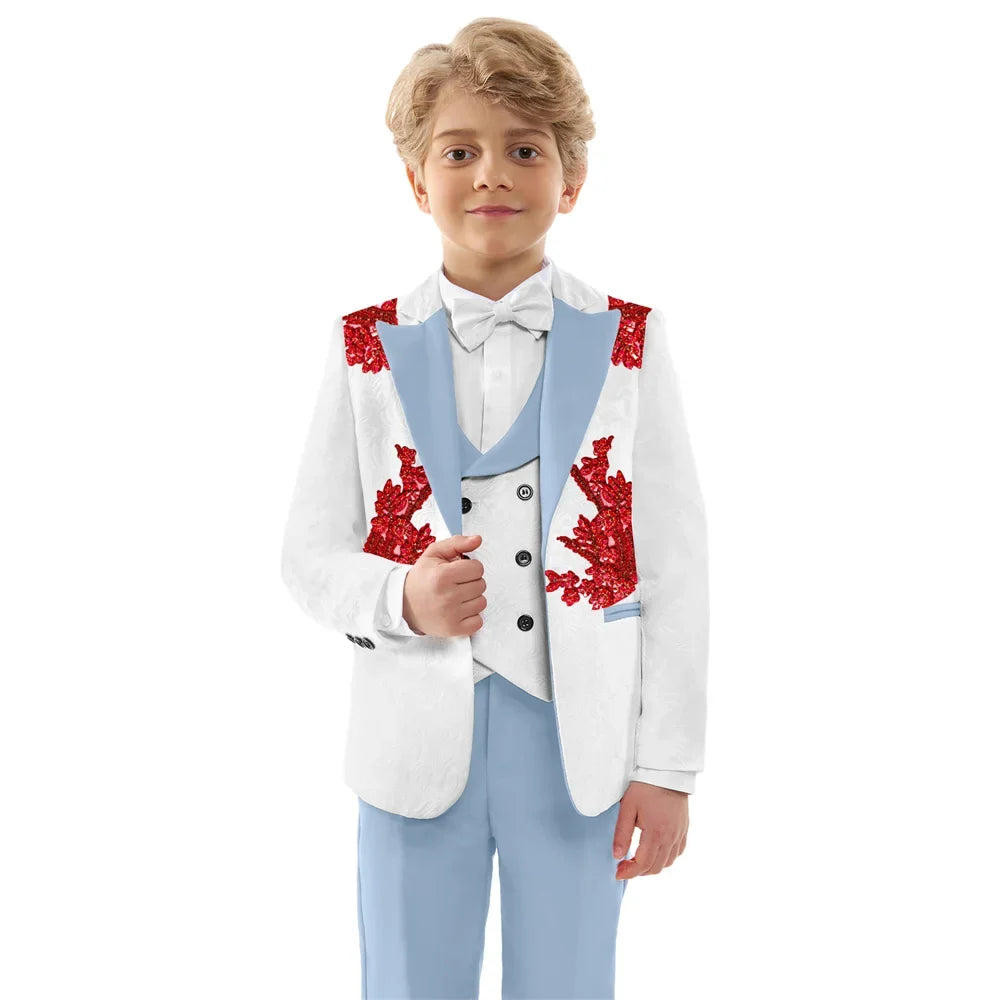 Hot Sale Boys Jacquard Suits 4 Pieces Wedding Ring Bearer Outfit Exquisite Slim Fit Suit Set For Kids School Performance Wear