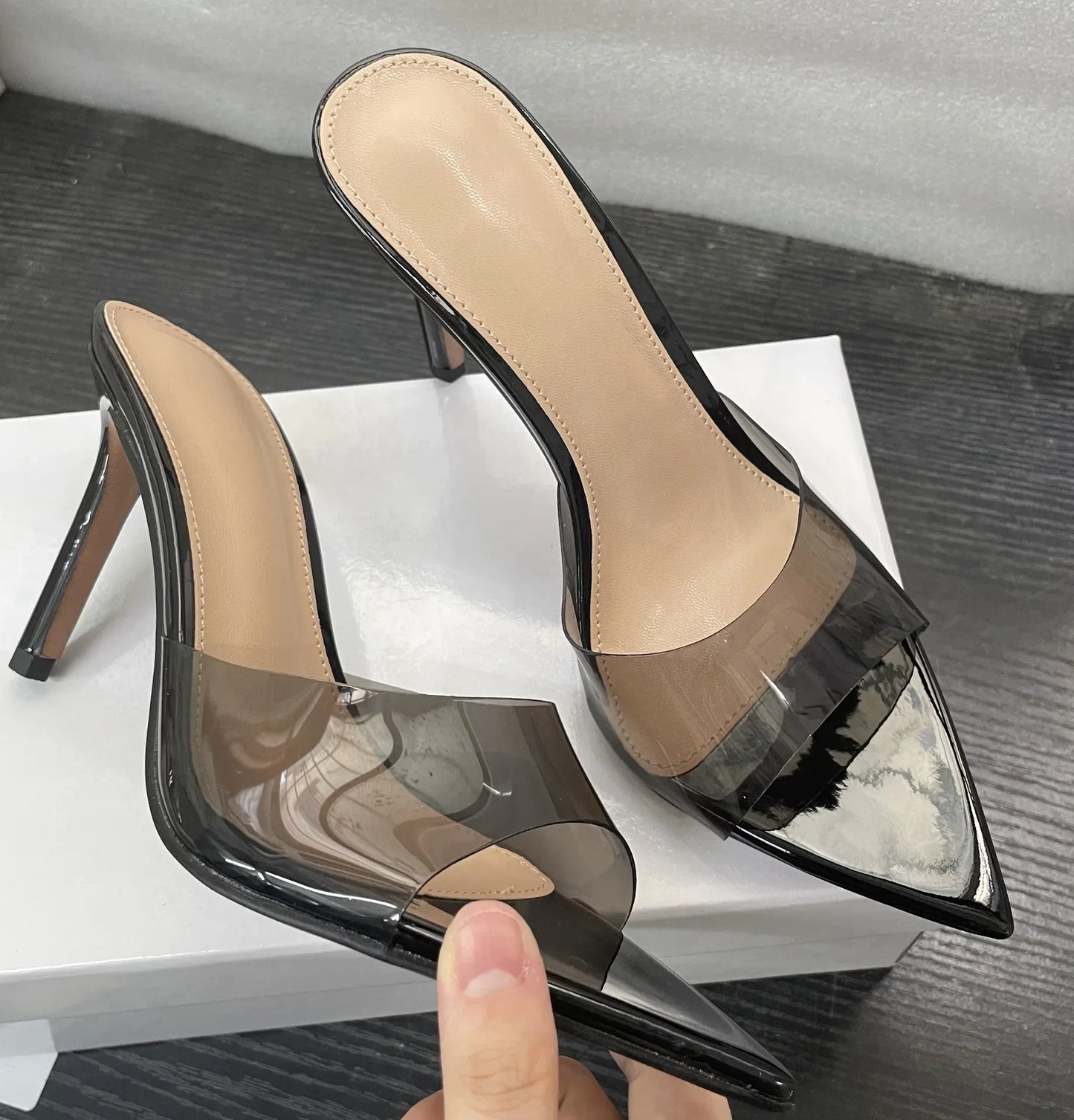 New Summer Women's High-heeled Sandals Simple Transparent High-heeled Slippers Stiletto Pointed Open-toed Slippers Mules