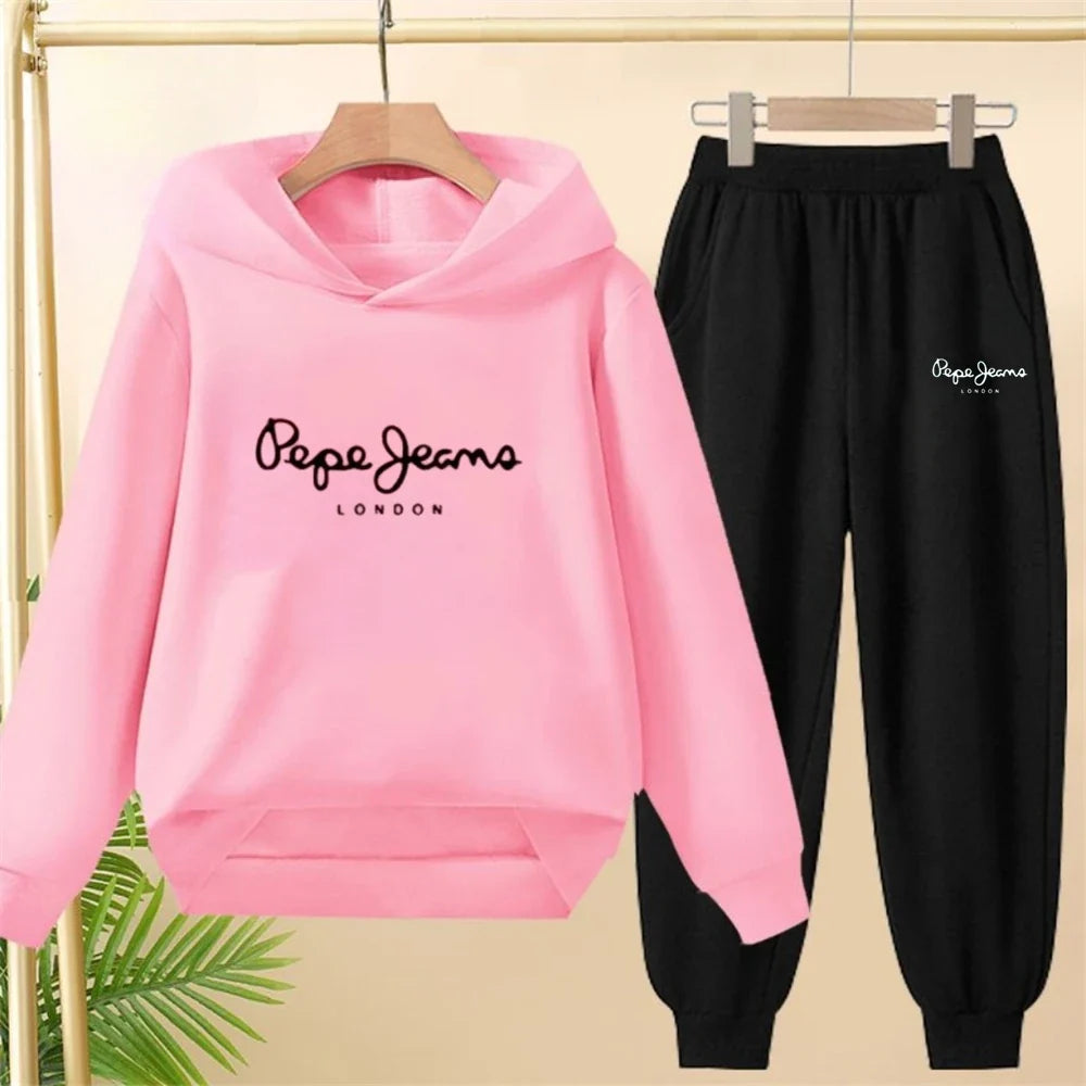 Boy Girls Children's Hoodies Suit Tops+Bottom Toddle Black Sweatshirr White Child 3-12 Year Pink Fashion Printing Coat Clothing