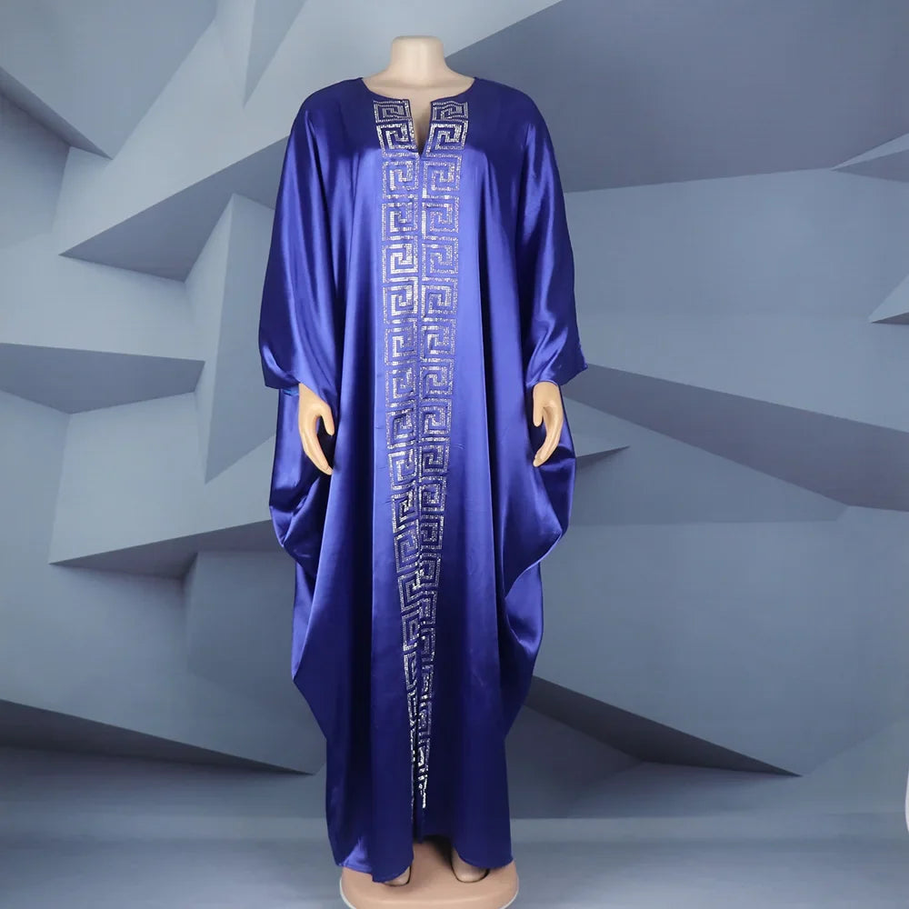 Fashion African Woman Large Size Bat Sleeve Dress Muslim Islamic Style Robe Imitation Silk Hot Fix Rhinestone