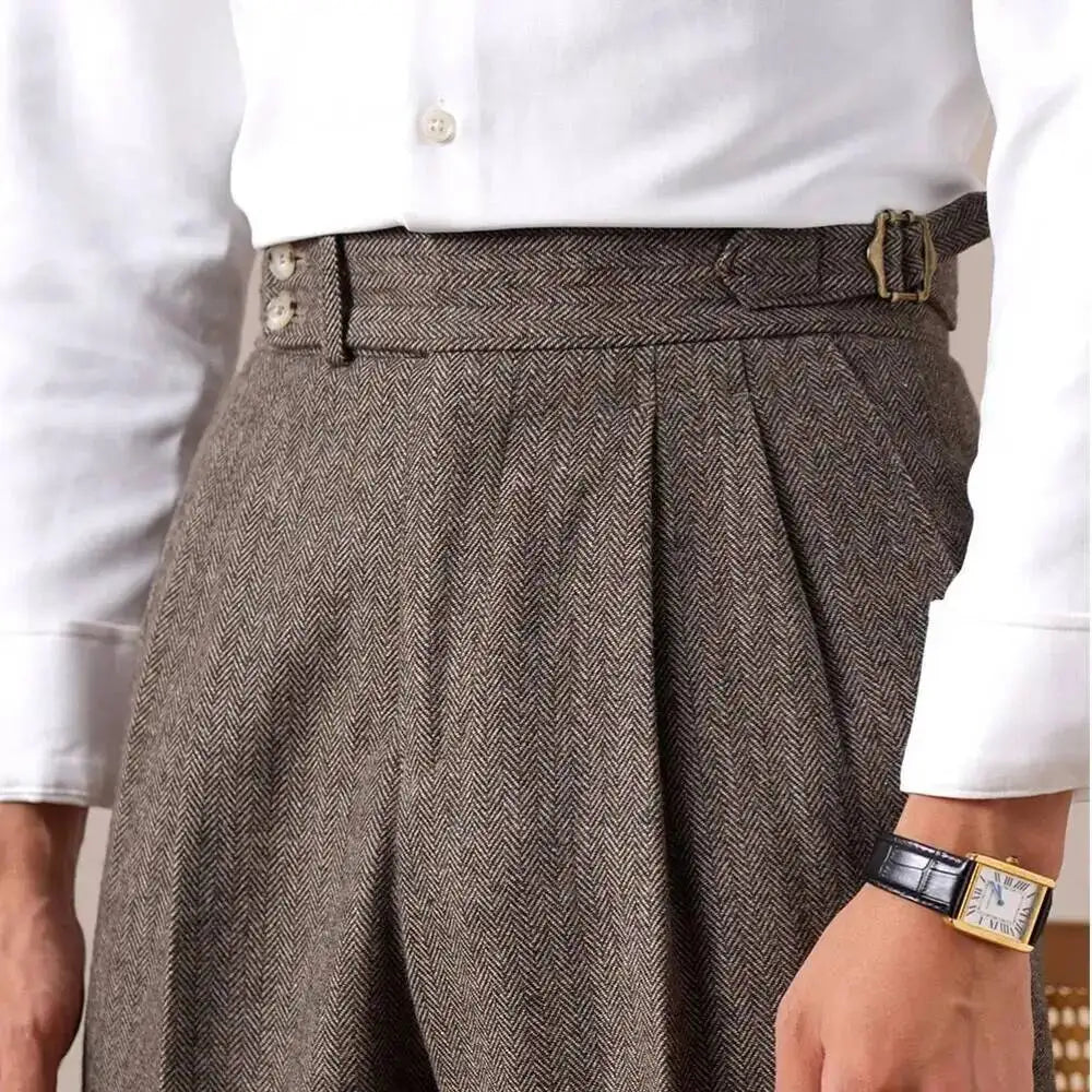 Autumn Herringbone Dress Pants For Men Naples Men's Wool Blend High Waist Social Casual Versatile Long Pants Office Trousers Men