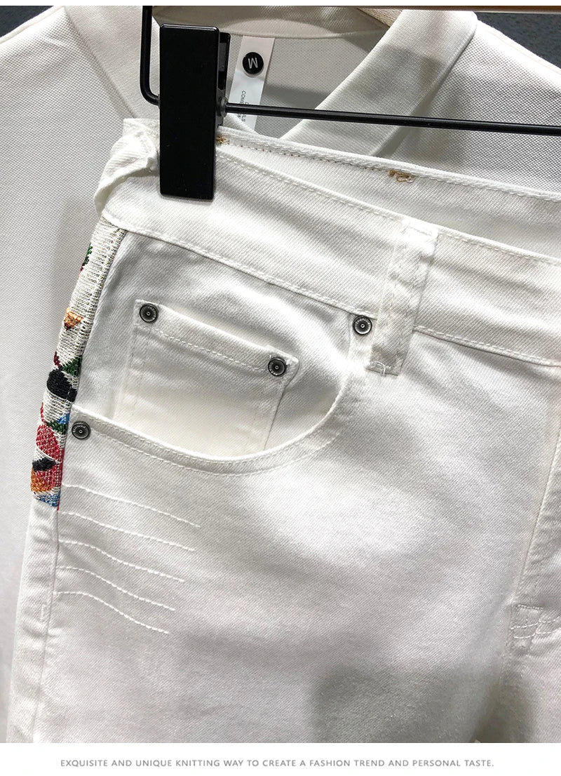 Summer New Denim Shorts Men's Stitching Embroidery Ripped Knee-length Shorts White Black Retro Blue Fashion High Quality Jeans