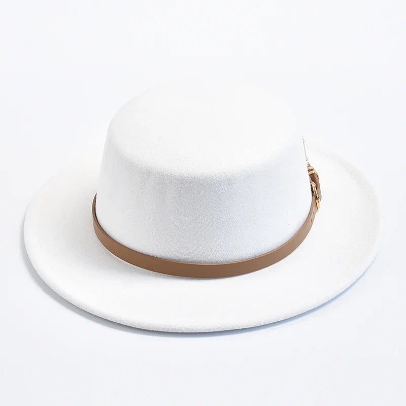 New Metal R Letter Fedora Hat for Women Fashionable Winter Flat Top Wedding Church Bowler Cap Females Elegant Holidays Hat