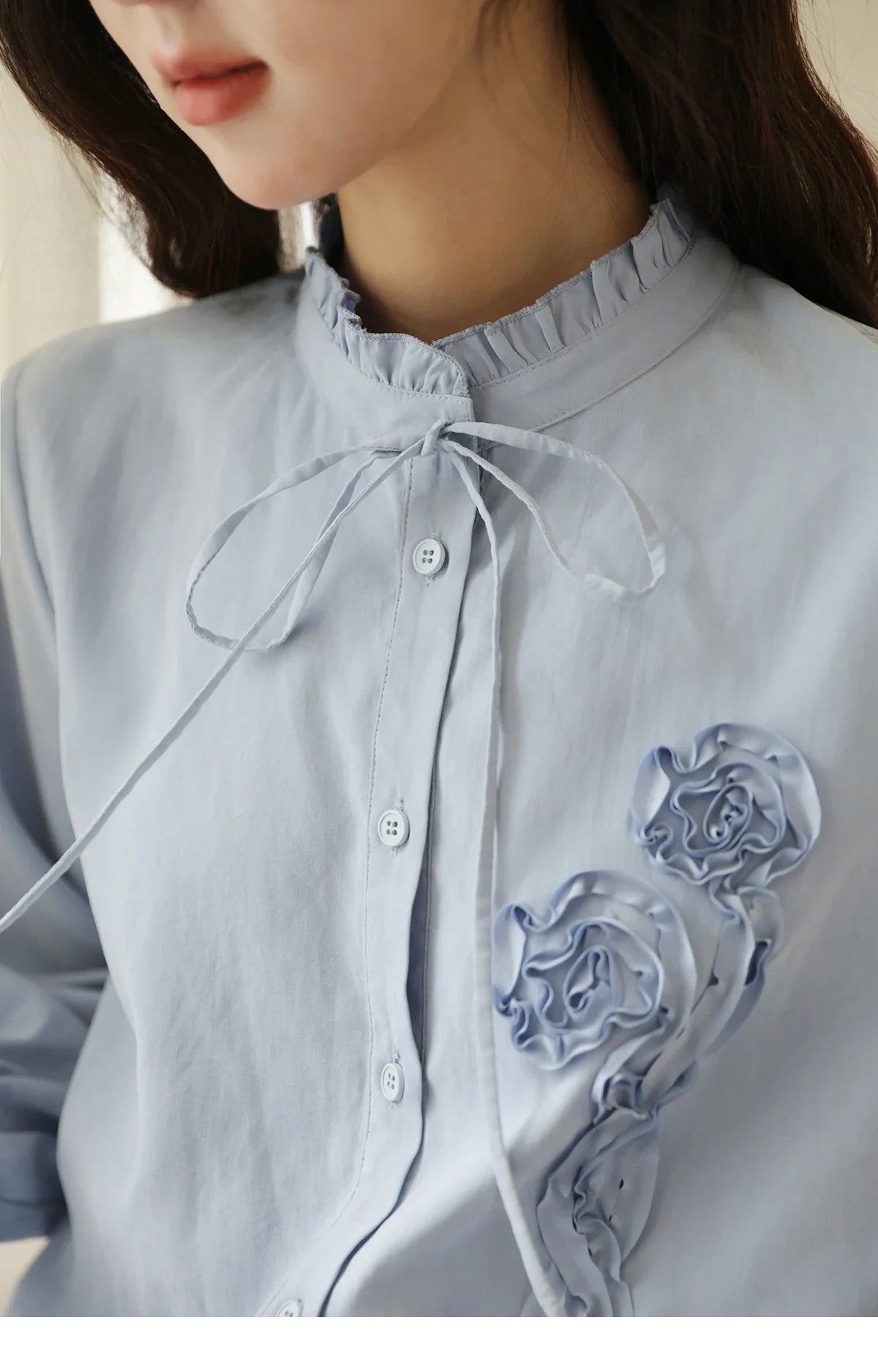 Coiled Flowers Embroidered Blue Shirt for Women Spring 2026 Stand Neck Lace-up Brushed Shirts Office Lady MXE44C2398