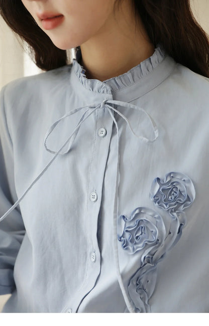 Coiled Flowers Embroidered Blue Shirt for Women Spring 2026 Stand Neck Lace-up Brushed Shirts Office Lady MXE44C2398