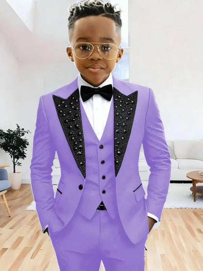 Boys Luxury Beaded Suit Set 3 Pieces For Evening Party High Quality Peak Lapel Suits Piano Performance Wear Elegant Plus Size