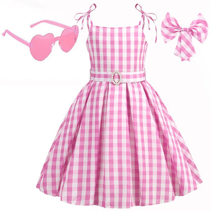 Halloween Hot Movie Barbei Baby Girl Pink Cowboy Look Dress Summer Beach Stripe Cute Sleeveless Plaid Slim Strap Dress Set