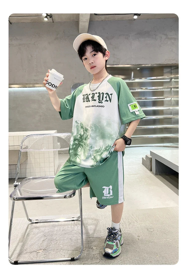 New Boys Clothing Sets Summer T-Shirt Short Sleeve+Shorts Kids Boy Sportsuit Children's Outfits Suit Teenager 5 6 8 10 12 14Yrs