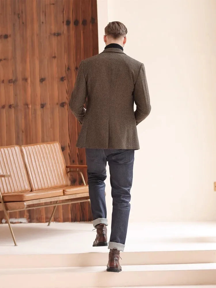 Autumn and Winter Thickeneded Retro Coarse Woolen Suit Business Casual British Style Herringbone Pattern Suit Jacket for Men