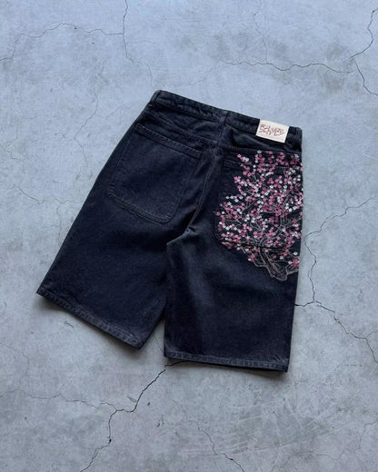 2026 American New Geometric Cherry Blossom Embroidery Wash Jeans Shorts Women Y2K Gothic Hip Hop Popular Casual Joker Shorts
