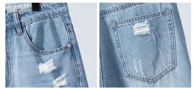 Summer Thin Ripped Jeans Mens Straight Breathable Washed Denim Trousers Casual Streetwear Harlen Ankle Length Pants Light Blue