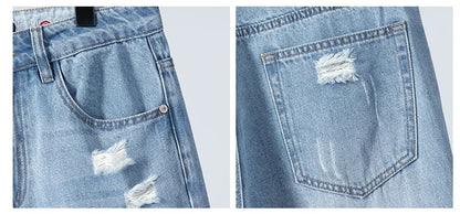 Summer Thin Ripped Jeans Mens Straight Breathable Washed Denim Trousers Casual Streetwear Harlen Ankle Length Pants Light Blue
