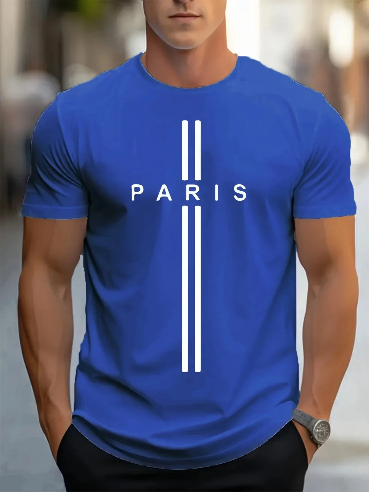 3D printed men's loose summer T-shirt, Paris printed round neck casual tight T-shirt, short sleeved T-shirt