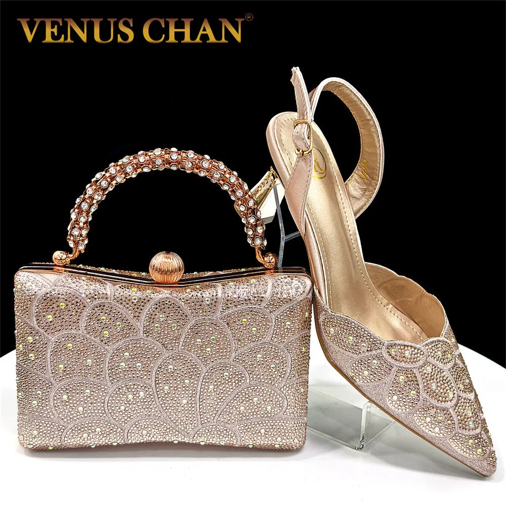 2026 New Shiny Italian Fashion Pointed Toe Women Heel Fashion Rhinestone Decoration Peach Color Shoes And Bag Set