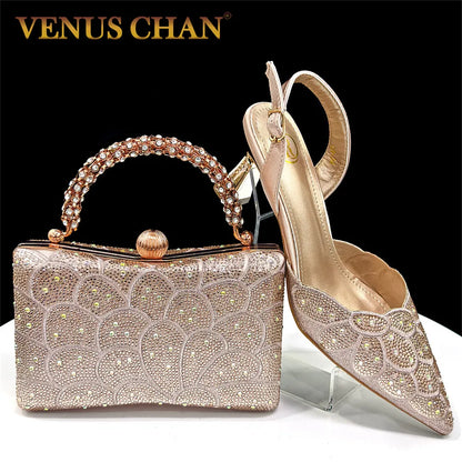 2026 New Shiny Italian Fashion Pointed Toe Women Heel Fashion Rhinestone Decoration Peach Color Shoes And Bag Set