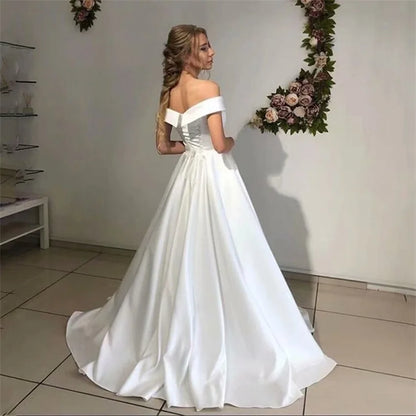 New Arrival Satin Wedding Dress for woman Vestido De Noiva Robe De Soiree Bride Simple Vestidos De Fiesta Off The Shoulder