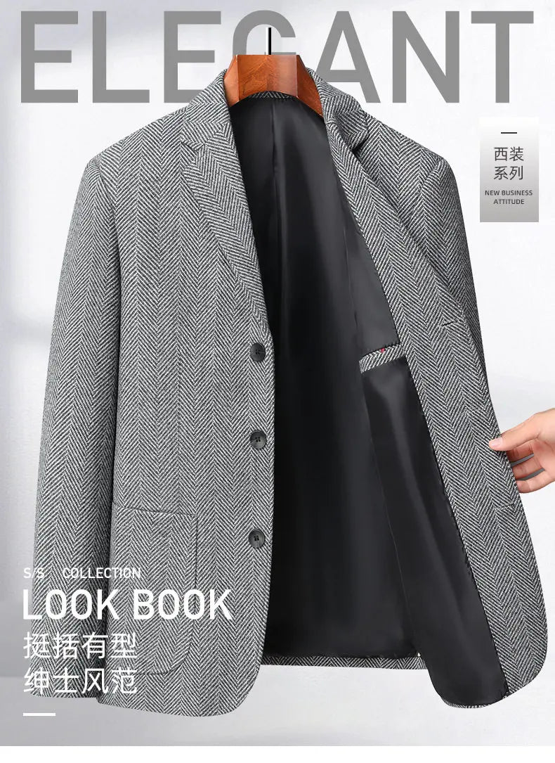 Men's Wool Blazer Herringbone Pattern Casual Business Suit Jacket Comfortable and Stylish Coat