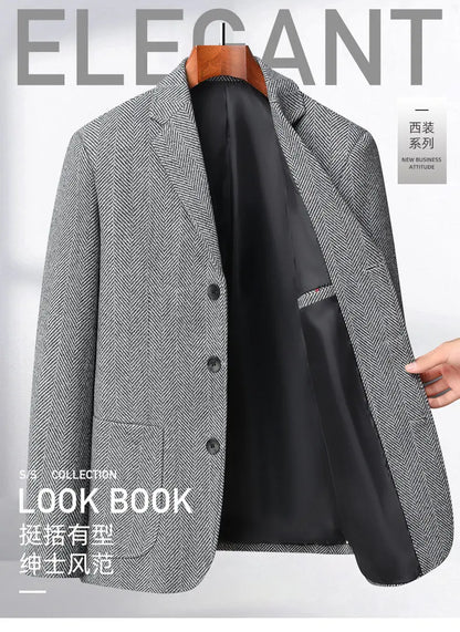 Men's Wool Blazer Herringbone Pattern Casual Business Suit Jacket Comfortable and Stylish Coat