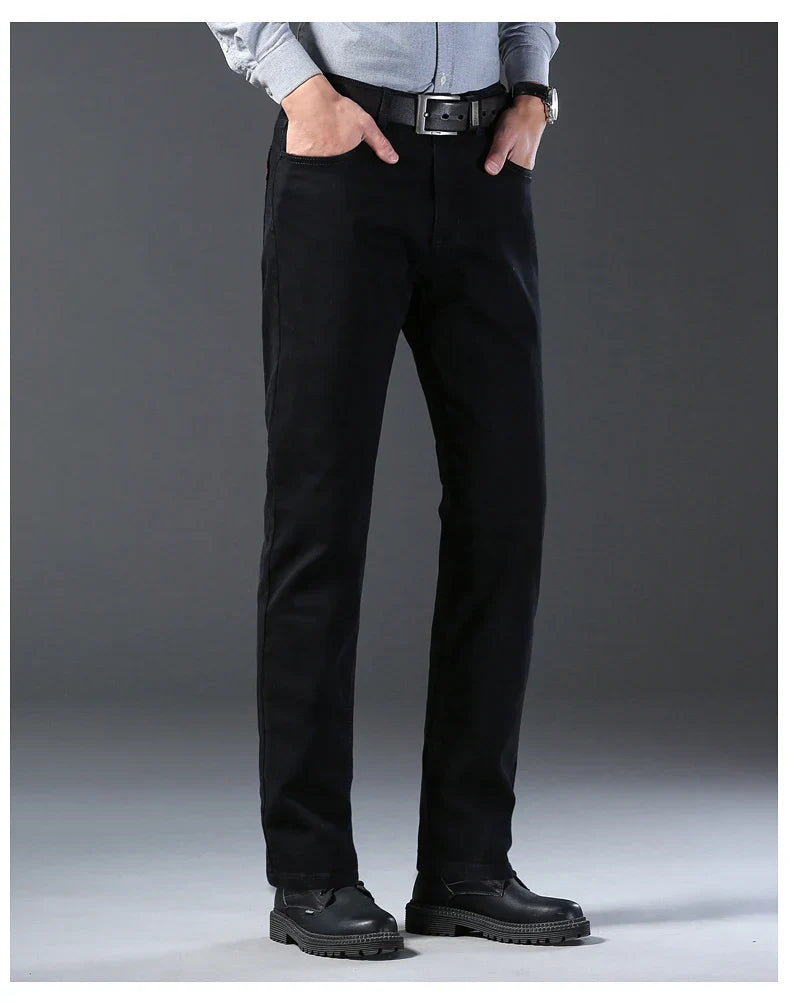 Men Classic Advanced Fashion Brand Pure Black Jeans Man Soft Breathe Stretch Slim Straight Denim Trousers Mens Pants Overalls