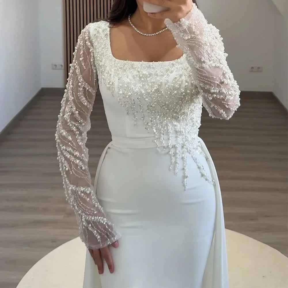 Luxury Square Collar Evening Dress Beading Lace Mermaid Floor Length with Sweep Train Customized Long Sleeve فستان سهرة نسائي