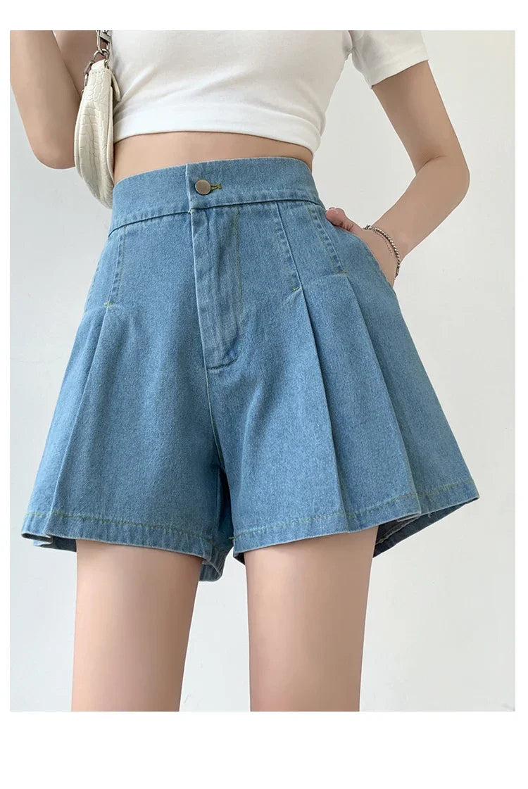 2024 Summer Plus Size Denim Shorts For Women High Elastic Waist Blue Or Sky Blue Pleated Mini Large Size Short Femme