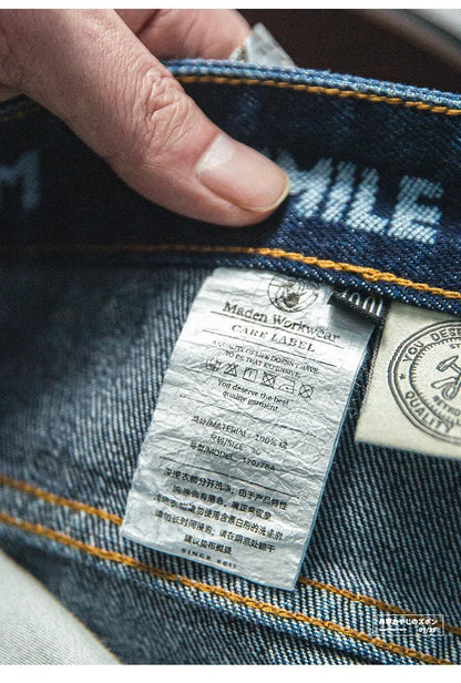 Men Vintage Washed Denim Jeans 12.8 OZ Straight Dark Blue Loose Casual Wide Leg Pants Male Streetwear Blue Jeans Trousers