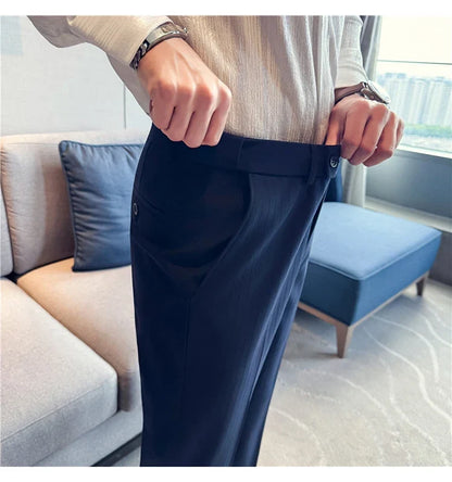 Spring Autumn New Elastic Waist Casual Trousers Male High Waist Dark Striped Slim Fit Pants Men Business Formal Casual Suit Pant