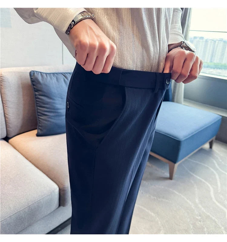 Autumn Winter Thick Suit Pants Men Elastic Waist Business Classic Straight Striped Formal Pants High Quality Slim Fit Trousers