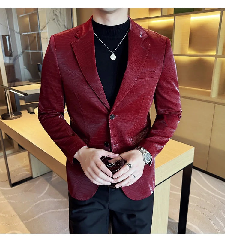 New High Quality Crocodile Stripe Slim Fit Leather Jacket Classic Business Casual Slim Fit Men Blazer Tuxedos Men Clothing 4XL-M