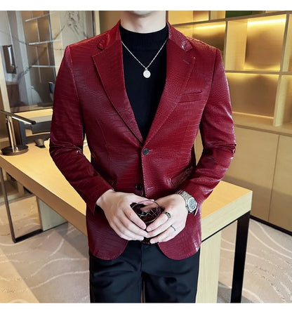 New High Quality Crocodile Stripe Slim Fit Leather Jacket Classic Business Casual Slim Fit Men Blazer Tuxedos Men Clothing 4XL-M