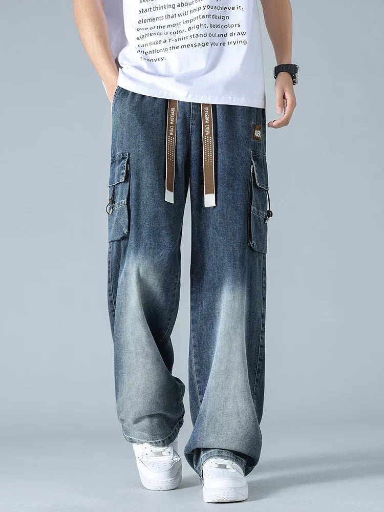 Summer Men's Straight Jeans Multi-Pockets Wide Leg Denim Cargo Pants 8XL 7XL 6XL Big Size Lightweight Baggy Jeans Trousers