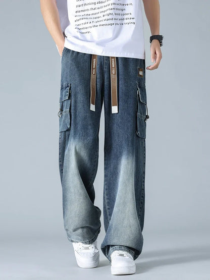 Summer Men's Straight Jeans Multi-Pockets Wide Leg Denim Cargo Pants 8XL 7XL 6XL Big Size Lightweight Baggy Jeans Trousers