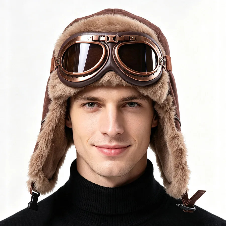 Retro Unisex Aviator Trapper Hat Faux Fur Thick Warm With Goggles Earflap Winter Cap For Cycling Outdoor Cold Protection