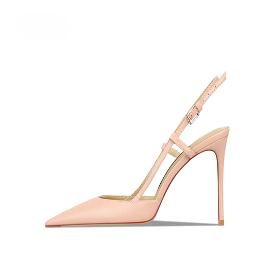 Bare leather edge buckle straight strap sandals for women, new pointed shallow mouth slim heel fashionable single shoe