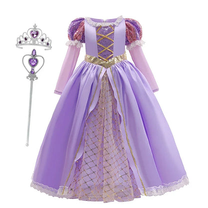 Girls Disney Rapunzel Dress Kids Tangled Disguise Carnival Girl Princess Costume Birthday Party Gown Outfit Clothes 2-10 Years